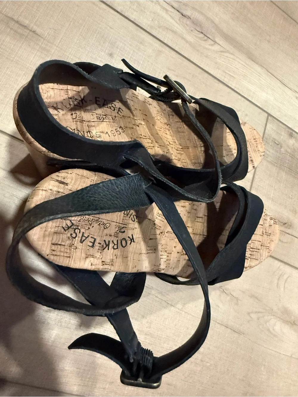 Kork-Ease Black Leather Cork Wedge Sandals with Ankle Strap